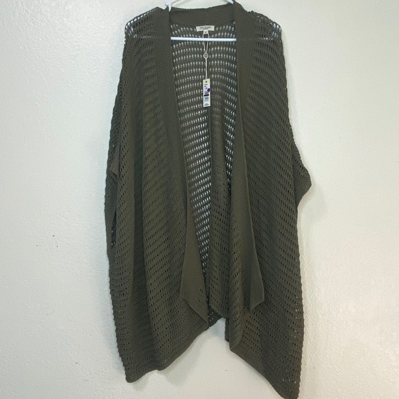 Max Studio London Olive Green Open Knit Poncho Cardigan Sweater Size 2X - Picture 2 of 10